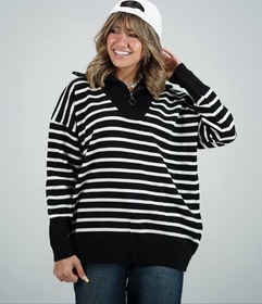 تصویر بلوز بافت نیم زیپ راه راه فیدان کد 25253 - مشکی / 5 تایی / مناسب ۳۶ تا ۴۶ 