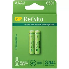 تصویر باتری نیم‌قلمی قابل شارژ جی‌پی مدل Rechargeable Cordless phone Recyko 650 بسته دو عددی ا GP ReCyko Rechargeable 650 MAh AAA Battery GP ReCyko Rechargeable 650 MAh AAA Battery