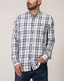 تصویر ​پیراهن مردانه نخی سفید سرمه ای چهارخانه Ebra 