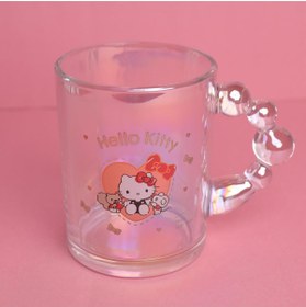 تصویر ماگ چند رنگ فنجان شیشه ای Kawaii Hello Kitty با دسته حباب براق Piraye Gift 