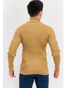 تصویر سویشرت مردانه یقه گرد با طرح راه‌راه، رنگ قهوه‌ای روشن برند hugo boss Men Turtle Neck Ribbed Sweatshirt, Tan