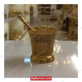 تصویر هاون برنجی برنزی هندی کشیده طرح طاووس Peacock pattern drawn Indian bronze brass mortar