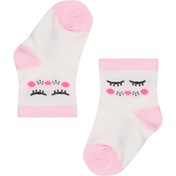 تصویر جوراب نوزادی پنبه‌ای مدل عروسک سفید و صورتی 