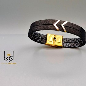 تصویر دستبند چرم و طلا پیکان 