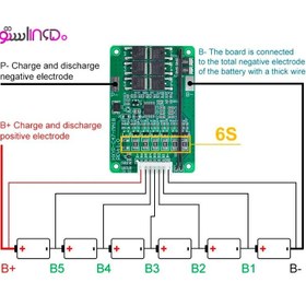 تصویر ماژول شارژ باتری لیتیوم-یون 6 سل 26 آمپر - 25.2 ولت همراه سنسور و کانکتور BMS module 6s - 26A - 25.2V with NTC and wired connector