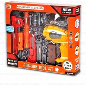 تصویر ست اسباب بازی ابزار مدل دریل باطری خور 18 تکه ا 18-piece battery-powered drill tool toy set 18-piece battery-powered drill tool toy set