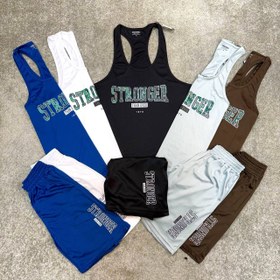 تصویر ست ورزشی مردانه رکابی قهرمانی و شلوارک کندویی Stronger مشکی 