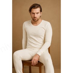 تصویر ست لباس گرم مردانه هوتن رنگ کرم یقه گرد لباس راحتی گرم زمستانی مردانه با پارچه نخ پنبه‌ای و کرک‌دار داخلی