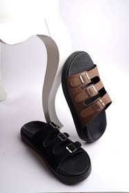 تصویر صندل مردانه چرمی سگکی کد 121 - قهوه ای / 45 / بدون کفی 