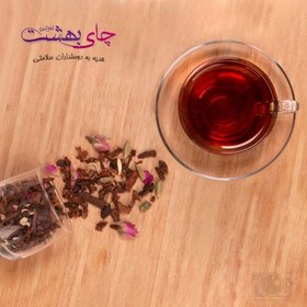 تصویر چای بهشت دمنوش میوه ای طعم هل و گل 200 گرمی با بسته بندی پاکت دمنوش به سیب (معطر) 