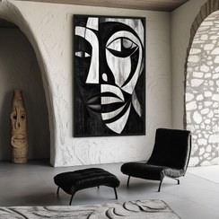 تصویر تابلو دکوراتیو چهره انتزاعی سیاه و سفید سه‌بعدی | اثر هنری مدرن و خاص 