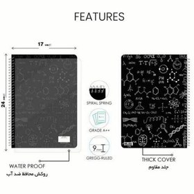 تصویر دفتر مشق 50 برگ شیمی مشکی جدول مندلیف دار فنری جلد ضد آب اندازه 24 در 17 سانت فیوری مستر راد 