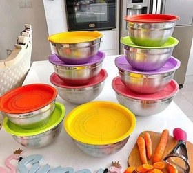 تصویر لگن استیل ۵ تکه درب دار رنگی 