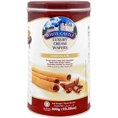 تصویر بيسکويت رولی شکلاتی وايت کستل فلزی 300 گرم white castle مدل chocolate White Castle Luxury Cream wafers Roll Chocolate 300gr‏