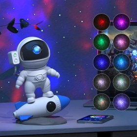 تصویر چراغ خواب کهکشانی مدل فضانورد موشک سوار Rocket Astronaut Galaxy Projector Night Light Lamp