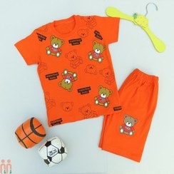 تصویر لباس تیشرت و شلوارک 2 تا 3 سال بچه گانه ست نخی تدی نارنجی kids clothes set 