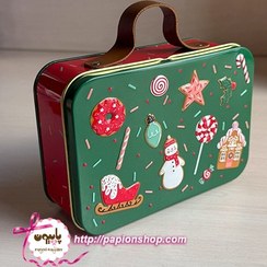 تصویر جعبه فلزی کریسمسی چمدان با دسته چرمی طرح 