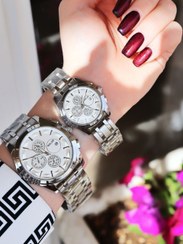 تصویر ست ساعت زنانه و مردانه الگانس صفحه سفید بند طلایی 