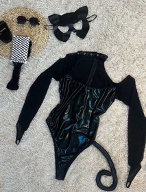 تصویر ست کاستوم فانتزی گربه ای زنانه ۳ تکه از جنس پارچه حریر توری و طرح ورنی کد M488 Women's lingerie