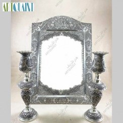 تصویر آینه شمعدان زیبای نقره، ست آینه و لاله، با عیار بالا ، قلمزنی بسیار ظریف و استادانه 