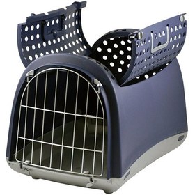 تصویر باکس حمل سگ و گربه لینوس قابل باز شدن از بالا با درب فلزی سرمه ای 