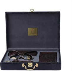 تصویر ست کیف کتی چرم و عینک مردانه چرمسال قهوه ای پوست ماری 182/2 