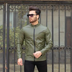 تصویر کاپشن چرم مردانه زیتونی کد 10256 Men's olive leather jacket code 10256