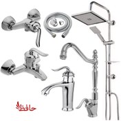 تصویر ست شیرآلات قاجاری همراه با روشویی پایه بلند و علمدوش دوکاره 