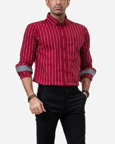 تصویر ​پیراهن مردانه قرمز صورتی راه راه Ebra 