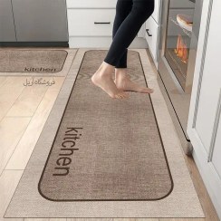 تصویر فرش آشپزخانه دو‌تکه قهوه‌ای خاکی مدل شیک و مدرن ضدلغزش 