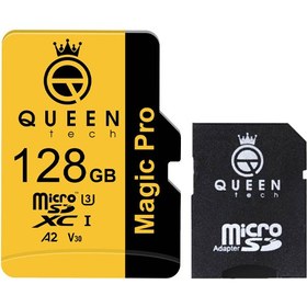 تصویر کارت حافظه Micro SD HC کوئین تک مدل A2-V30-633X کلاس 10 استاندارد UHS-l U3 سرعت 95MBps ظرفیت 128 گیگابایت به همراه آداپتور SD microSD Memory Card QUEEN tech A2-V30-633X U3 95MBps 128 GB with SD adaptor