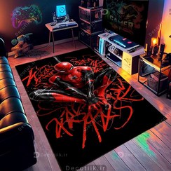 تصویر فرش اتاق پسرانه طرح مرد عنکبوتی زمینه تار قرمز و مشکی DC-1820 