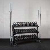 تصویر رک دمبل و هالتر باشگاهی مدل چرخ دار Dumbbell rack and club barbell model with wheels