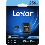 تصویر رم میکرو 256 گیگ لکسار Lexar Blue Series 633X A1 V30 U3 C10 100MB/s + خشاب Lexar Blue Series 633X A1 V30 U3 C10 100MB/s 256GB MicroSD Memory Card