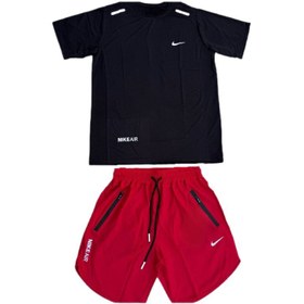 تصویر ست تیشرت مشکی شلوارک قرمز نایک 