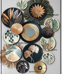 تصویر ست ۱۵ عددی دیوار کوب گل برجسته سبز لجنی کرمی 