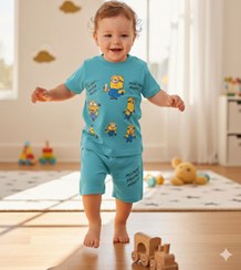 تصویر Blue Kids T-Shirt and Shorts Set with Minion Print | Cotton, Pocket Shorts 