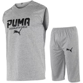 تصویر ست رکابی و شلوارک مردانه طوسی Puma یقه گرد 