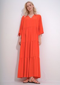 تصویر لباس اورجینال آلکاتی استایل Trend Alaçatı Stili Women's Orange V-Neck Front Lace Tiered Flounce Woven Viscose Dress ALC-X12052 