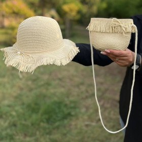 تصویر ست کلاه و کیف حصیری رنگ کرم 