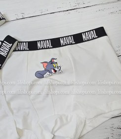 تصویر ست کاپلی زن و شوهری نخی طرح تام و جری رنگ سفید 