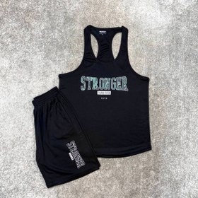 تصویر ست ورزشی مردانه رکابی قهرمانی و شلوارک کندویی Stronger مشکی 