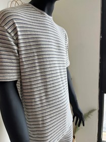 تصویر تیشرت و شلوارک مردانه ترک - راه راه کرم و سرمه ای / 