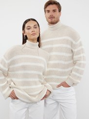 تصویر خرید اینترنتی پلیور مردانه بژ ترندیول من TMNAW24KZ00017 Bej Casual Oversize Balıkçı Yaka Çizgili Triko Kazak TMNAW24KZ00017