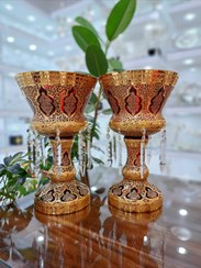 تصویر شمعدان کریستال طلاکوب آویزدار طرح کاستل رنگ قرمز سایز بزرگ مجموعه دوعددی 