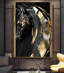تصویر تابلو دکوراتیو اسب مشکی طلایی سه بعدی 