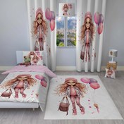 تصویر ست اتاق خواب کودک روتختی، پرده و فرشینه طرح نوجوان دختر عینکی با بادکنک 