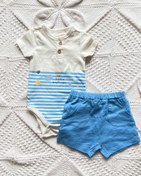 تصویر بادی و شلوارک نخی سفید آبی طرح ماهی Lc waikiki یقه گرد - کش سان - یقه دو دکمه - شلوارک جیب دار و کمر کش