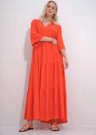 تصویر لباس اورجینال آلکاتی استایل Trend Alaçatı Stili Women's Orange V-Neck Front Lace Tiered Flounce Woven Viscose Dress ALC-X12052 