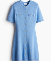 تصویر لباس شب بافتنی دکمه دار جلو و کش دار زنانه آبی اچ اند ام 
